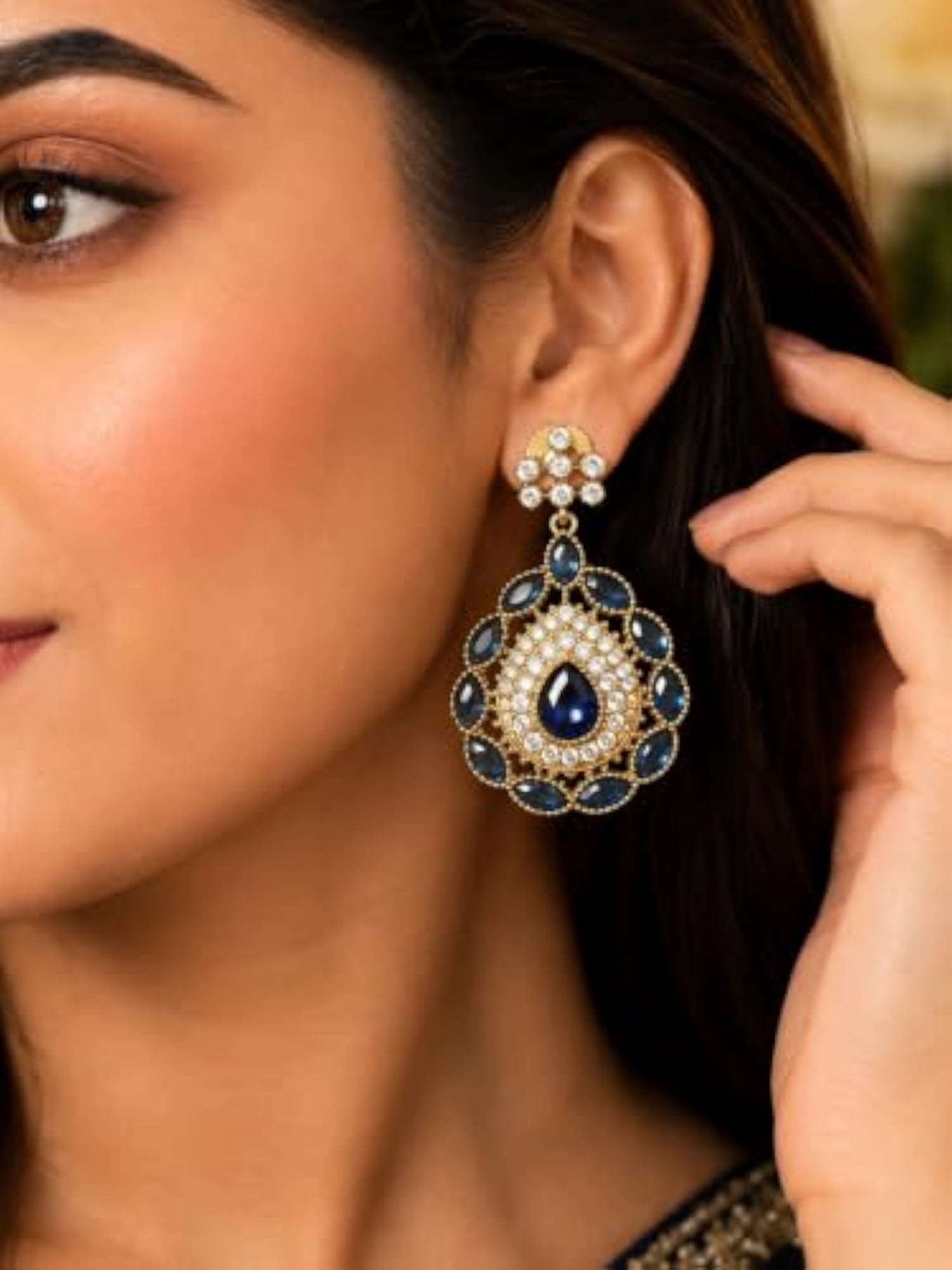 Floral Design Blue Stone Earrings for Women, Statement Drop Earrings